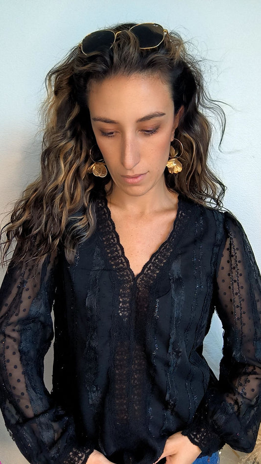 ✨ Chemise Léna – Noire détails transparents & pailletés ✨